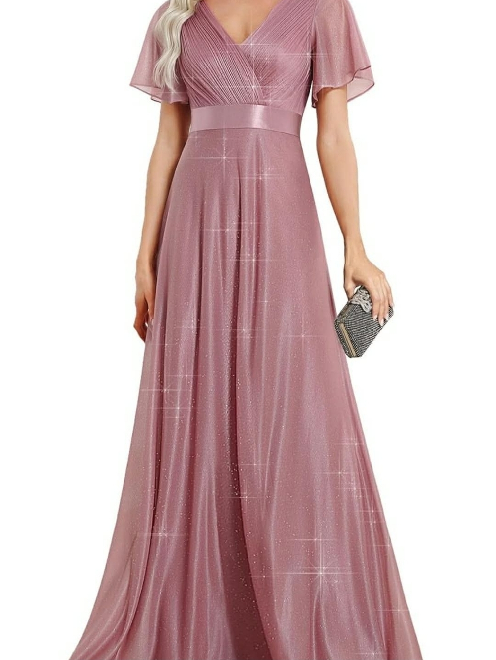 Ever-Pretty Women's Glitter Formal Dresses Evening Gown V Neck Short Sleeves Flo